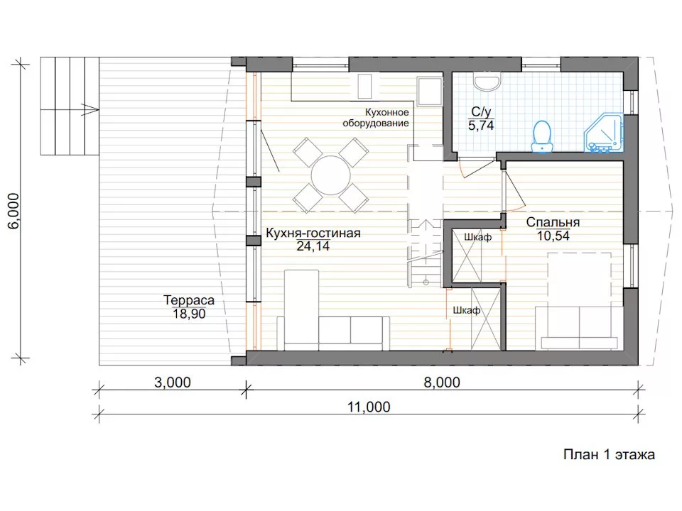 Планировка 1 этажа проекта Дом А-Фрейм 6х8