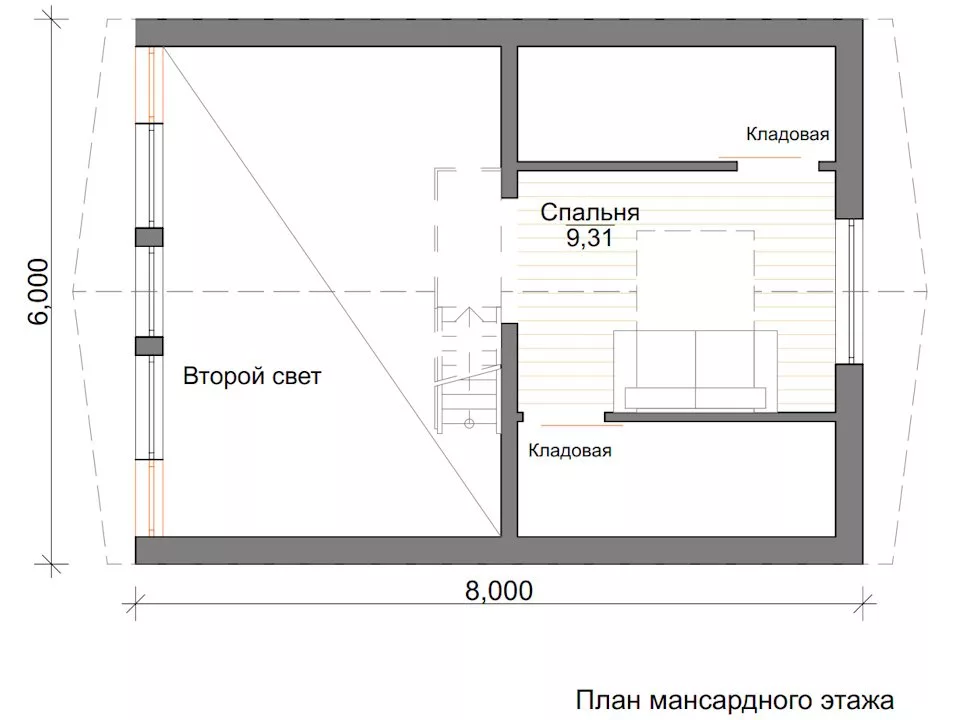 Планировка 2 этажа проекта Дом А-Фрейм 6х8
