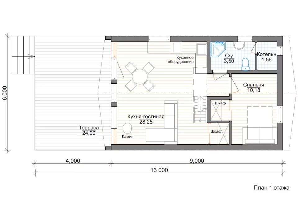 Планировка 1 этажа проекта Дом А-Фрейм 6х9