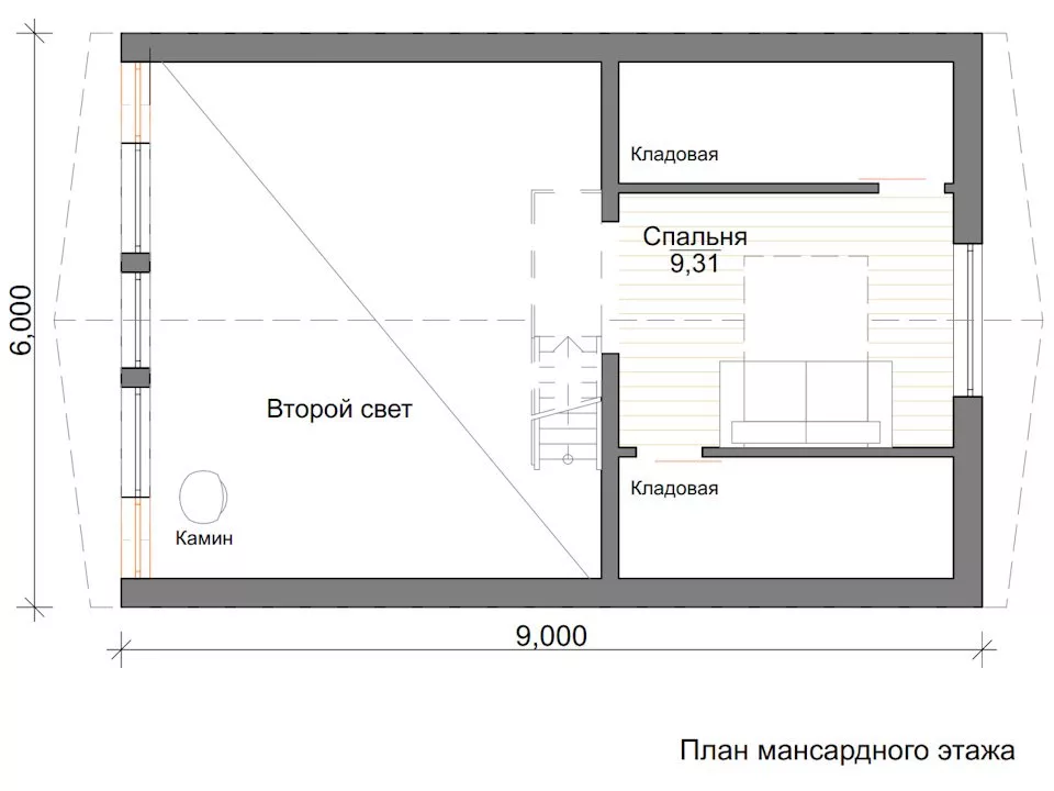 Планировка 2 этажа проекта Дом А-Фрейм 6х9