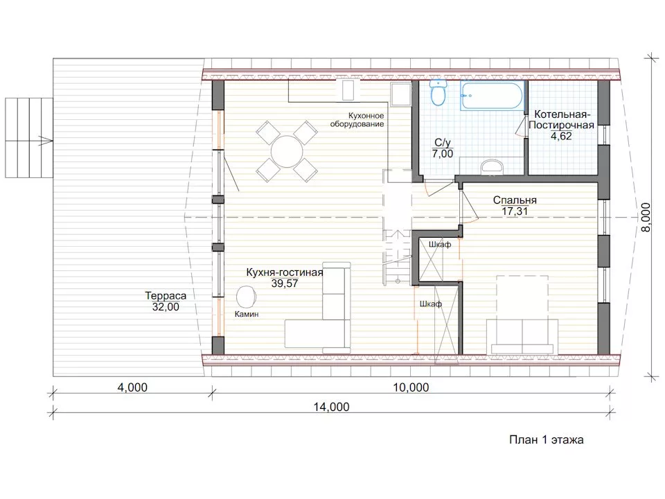 Планировка 1 этажа проекта Дом А-Фрейм 8х10