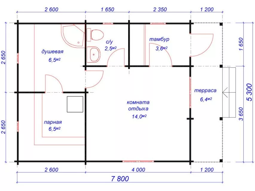 Планировка 1 этажа проекта Баня из бруса "Чудное мгновенье"