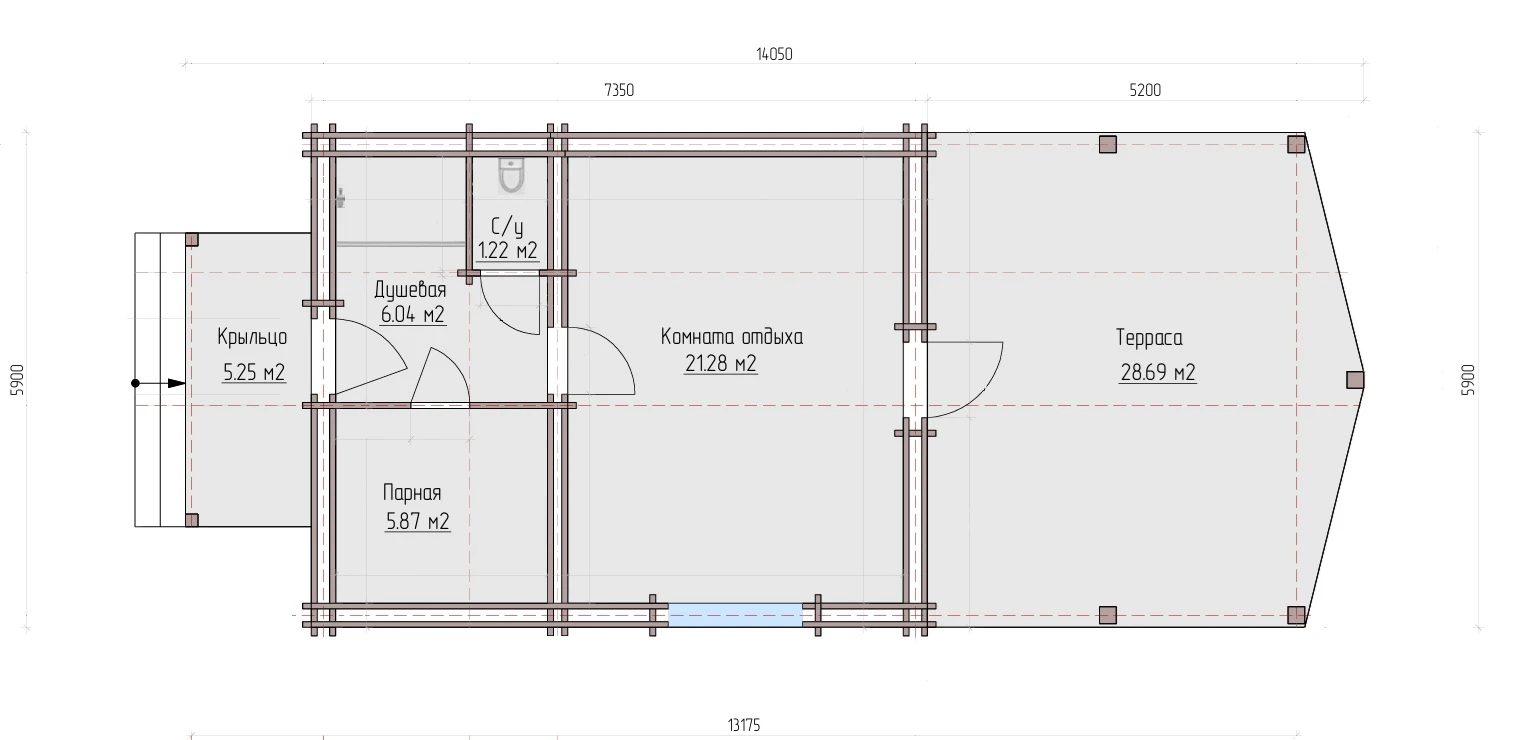 Планировка 1 этажа проекта Утепленная баня из бруса "Дух леса"