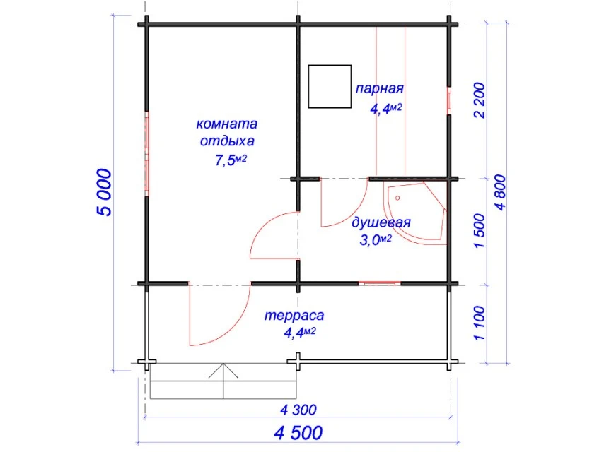Планировка 1 этажа проекта Баня из бруса "Душка"