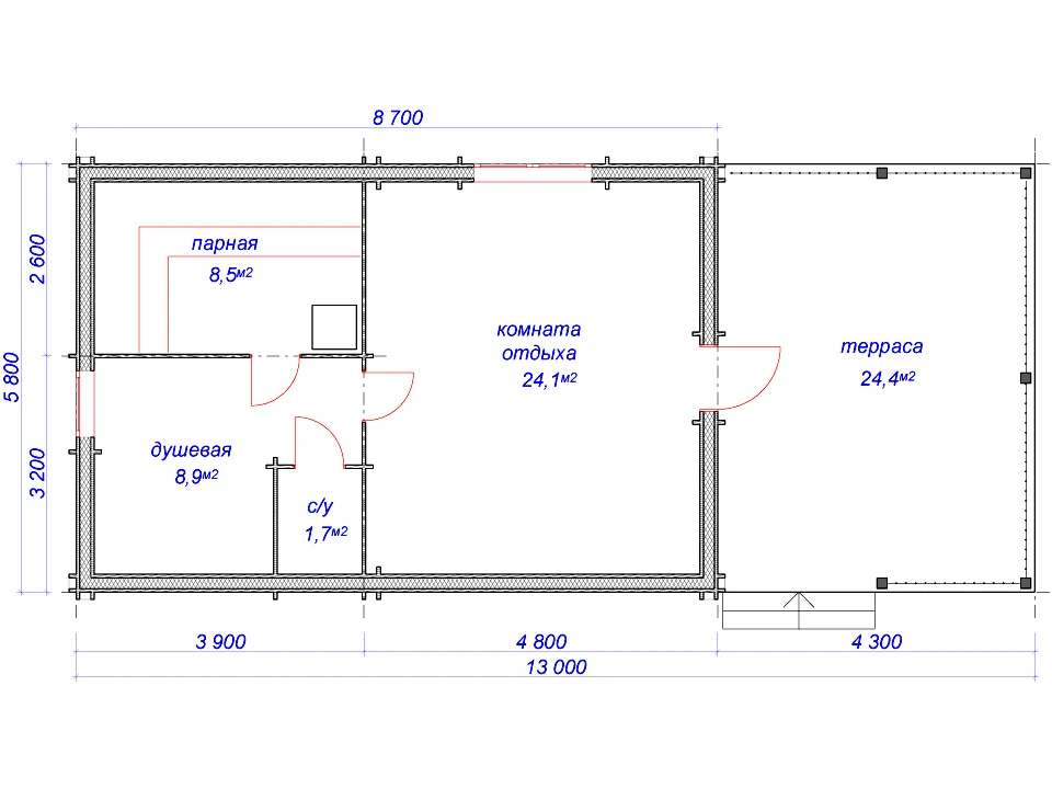 Планировка 1 этажа проекта Баня из бруса "Гора"
