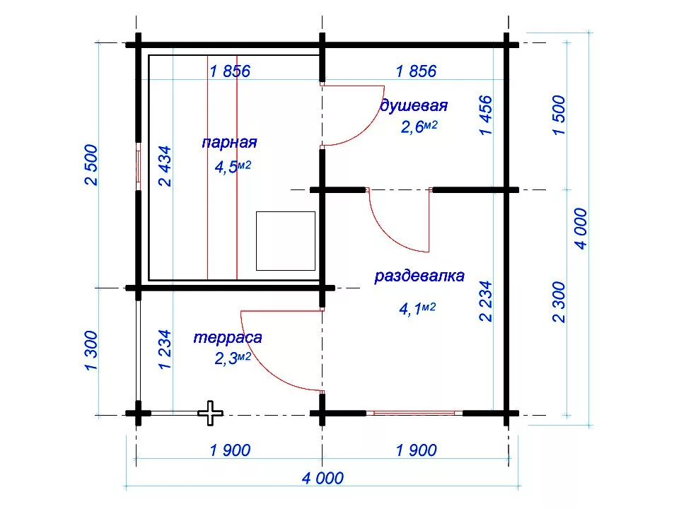 Планировка 1 этажа проекта Баня из бруса "Нега"