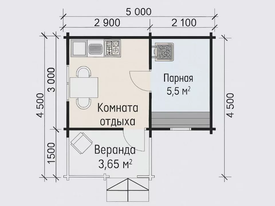 Планировка 1 этажа проекта Баня из бруса "Пышка"
