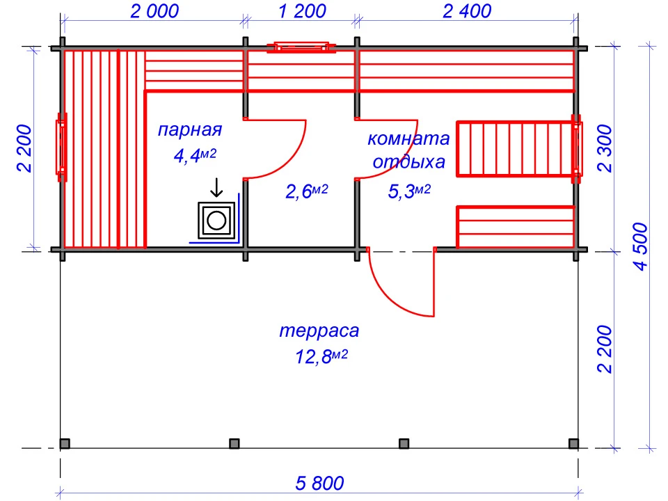 Планировка 1 этажа проекта Баня из бруса "Путник"