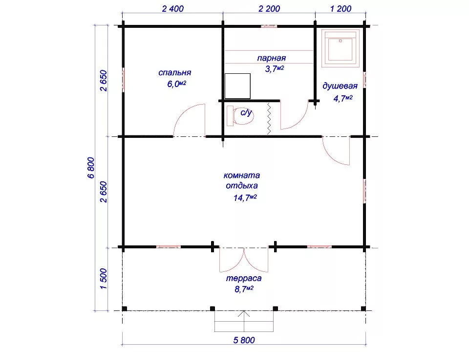 Планировка 1 этажа проекта Баня из бруса "Сахара"