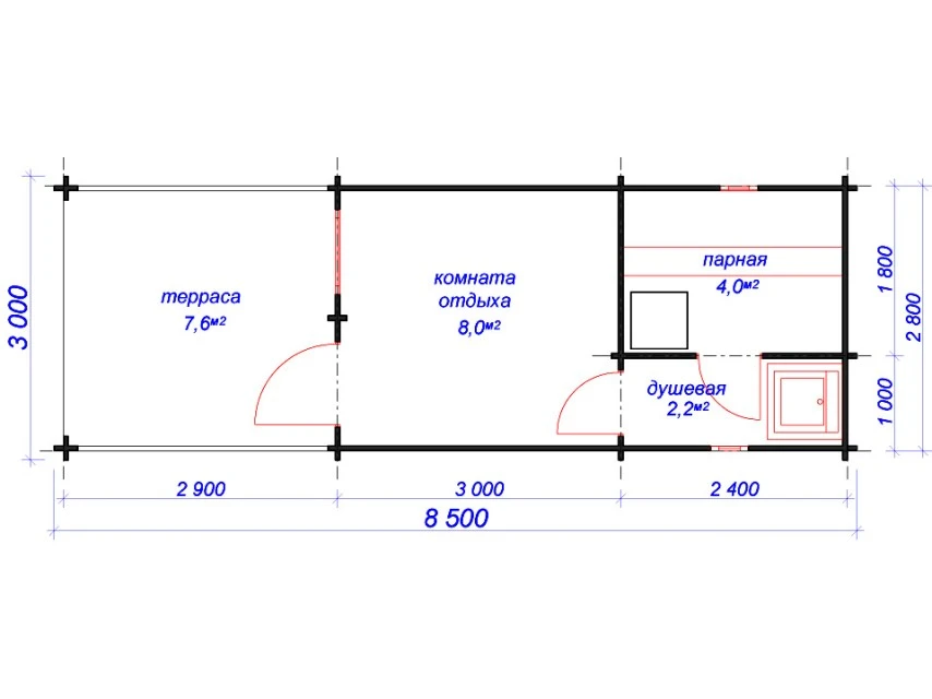 Планировка 1 этажа проекта Баня из бруса "Трамвай Желание"