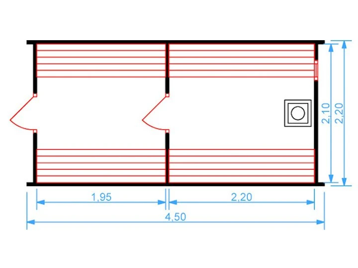 Планировка 1 этажа проекта Баня бочка 4.5 метра