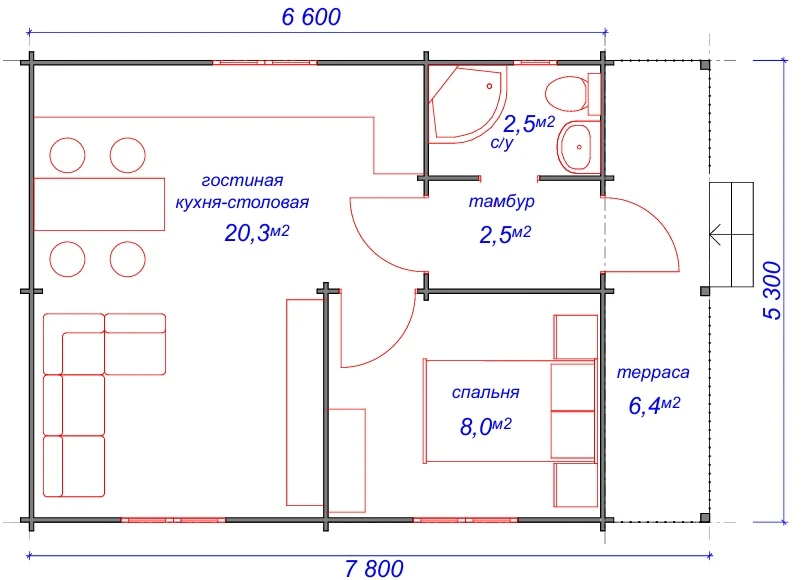 Планировка 1 этажа проекта Дачный дом "Гостинец"