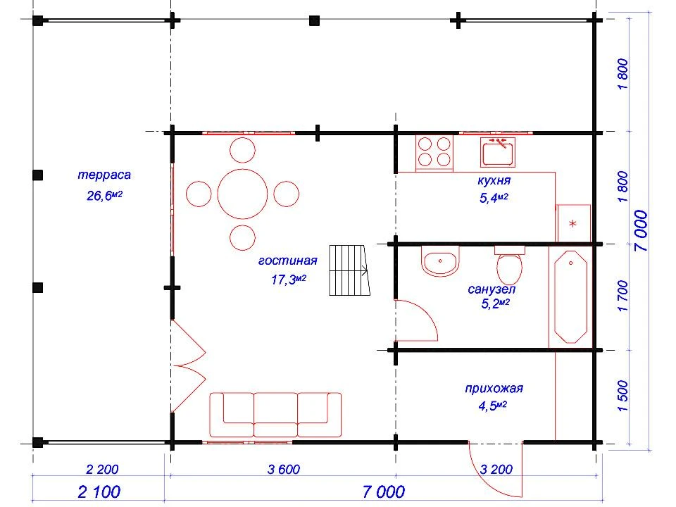 Планировка 1 этажа проекта Дачный дом "Хозяйский"