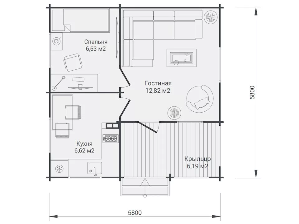 Планировка 1 этажа проекта Дачный дом "Золотая середина"