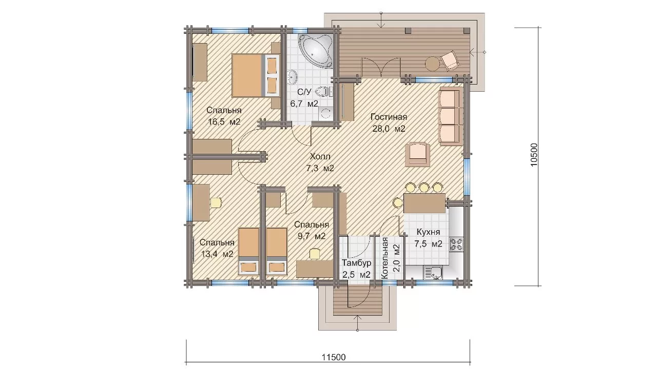 Планировка 1 этажа проекта Дом из бруса "Береза New"