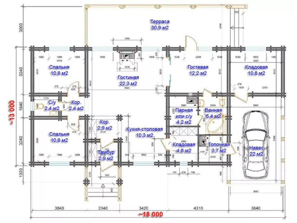 Планировка 1 этажа проекта Дом из бруса "Богдан"