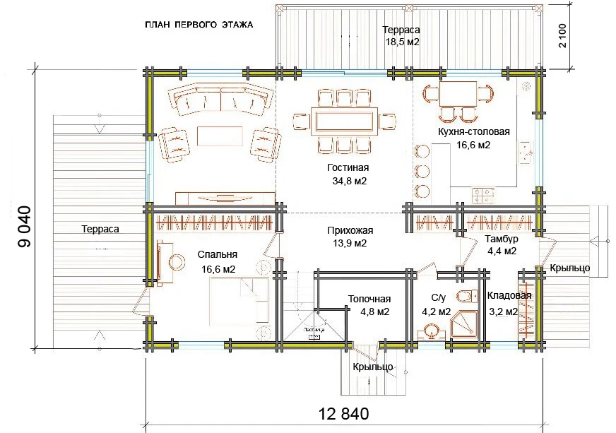 Планировка 1 этажа проекта Дом из бруса "Графтон"