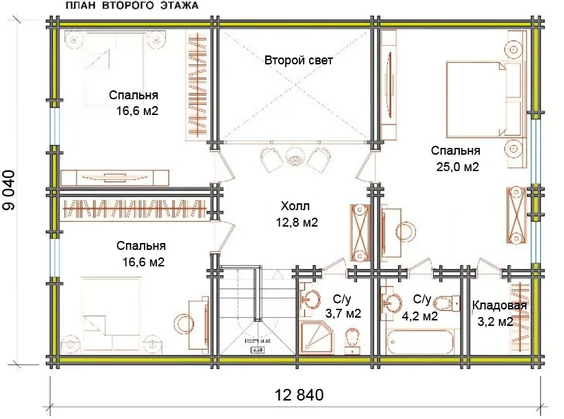 Планировка 2 этажа проекта Дом из бруса "Графтон"