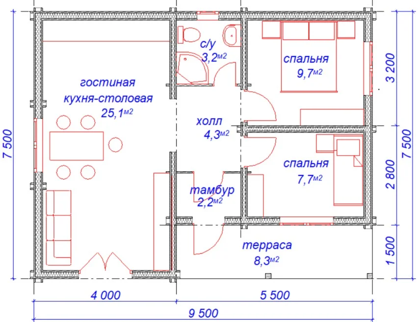 Планировка 1 этажа проекта Дом из бруса "Контур"
