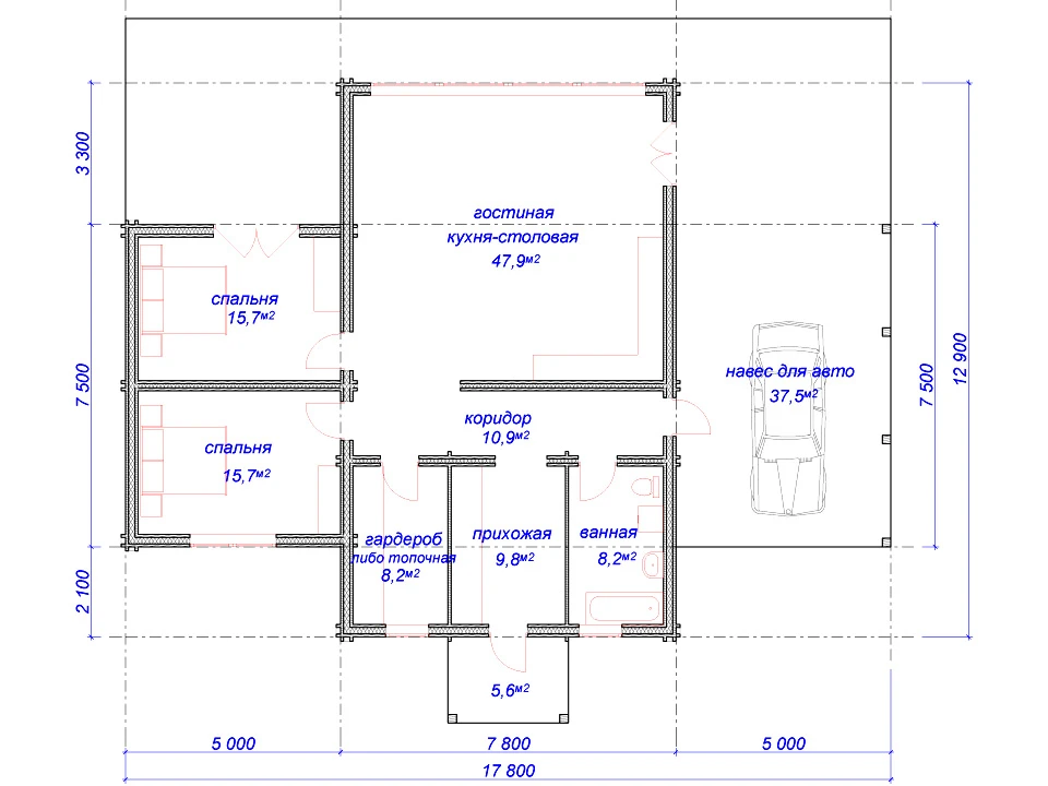 Планировка 1 этажа проекта Дом из бруса "Langepas light"