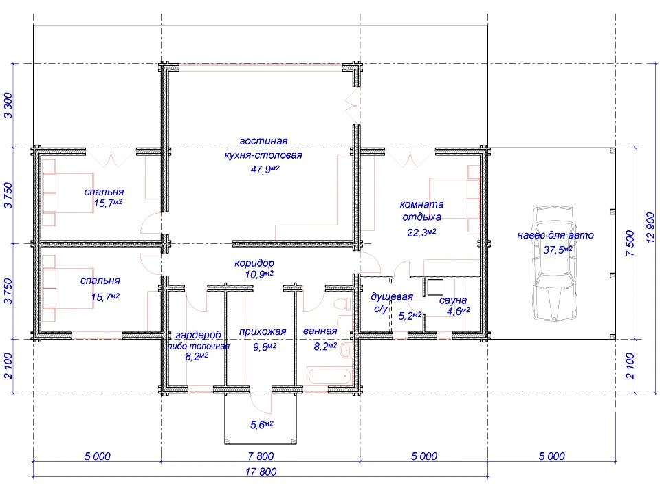 Планировка 1 этажа проекта Дом из бруса "Langepas"