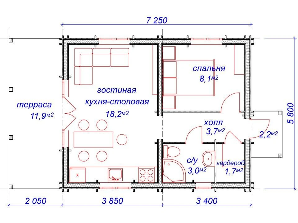 Планировка 1 этажа проекта Дом из бруса «Лотос мини»