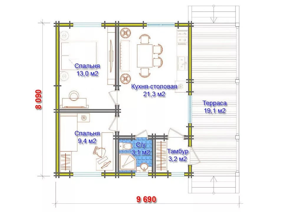 Планировка 1 этажа проекта Дом из бруса "Феникс"