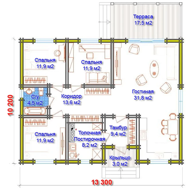 Планировка 1 этажа проекта Дом из бруса "Ревьера"