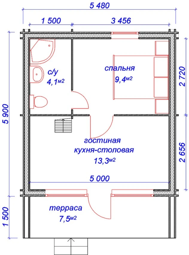 Планировка 1 этажа проекта Дом из бруса "Студия-2"