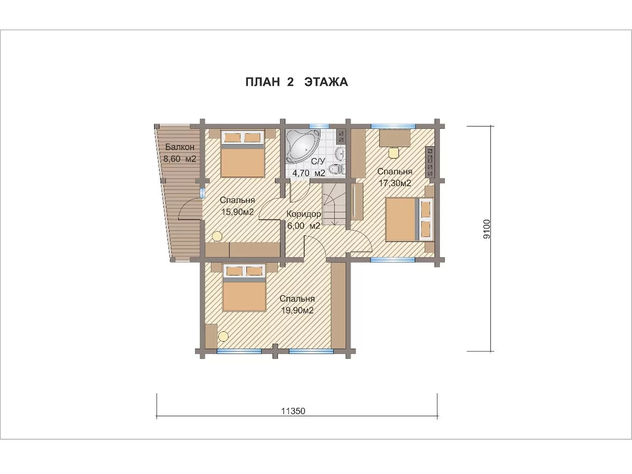 Планировка 2 этажа проекта Дом из бруса "Твин Пикс"