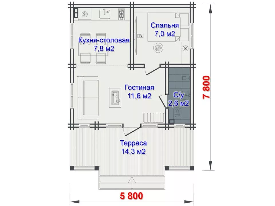 Планировка 1 этажа проекта Дом из бруса «Уют»