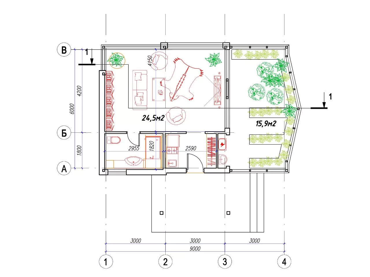 Планировка 1 этажа проекта Дом из бруса "Ждановичи"