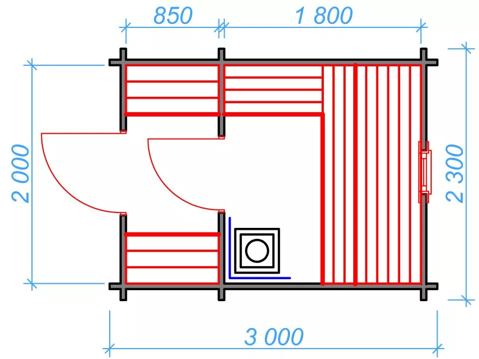 Планировка 1 этажа проекта Мини баня 3 метра (2 помещения)