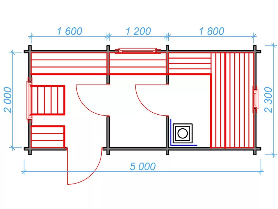 Планировка 1 этажа проекта Мини баня 5 метров (3 помещения)