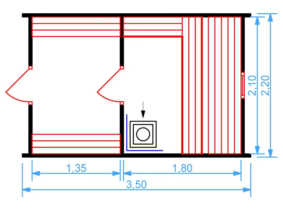 Планировка 1 этажа проекта Баня квадро 3.5 метра